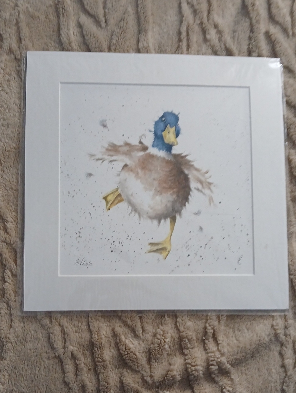 Playful Duck Watercolor Art Print in Blue & Brown